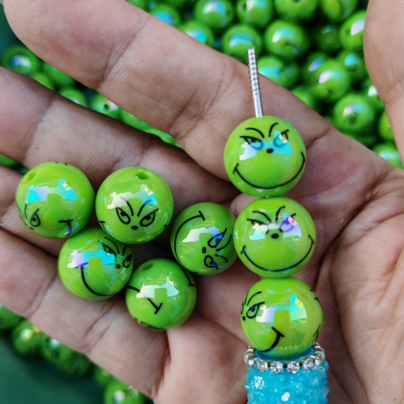 Plating Grinch Face Acrylic Beads 16mm Green Glossy 100pcs