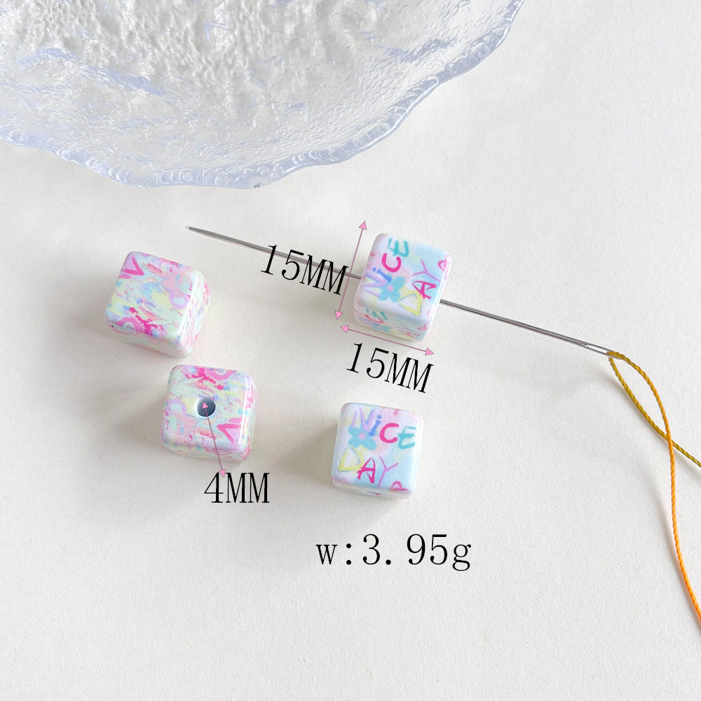 Printed Square Acrylic Beads 14-15mm Dinosaur Cat Graffiti 50pcs 8