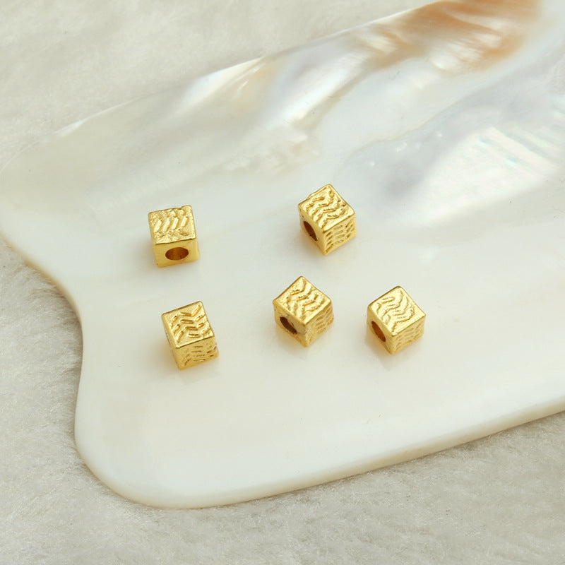 Square Metal Beads 4.5mm Matte Gold Wave Line Pattern 50pcs