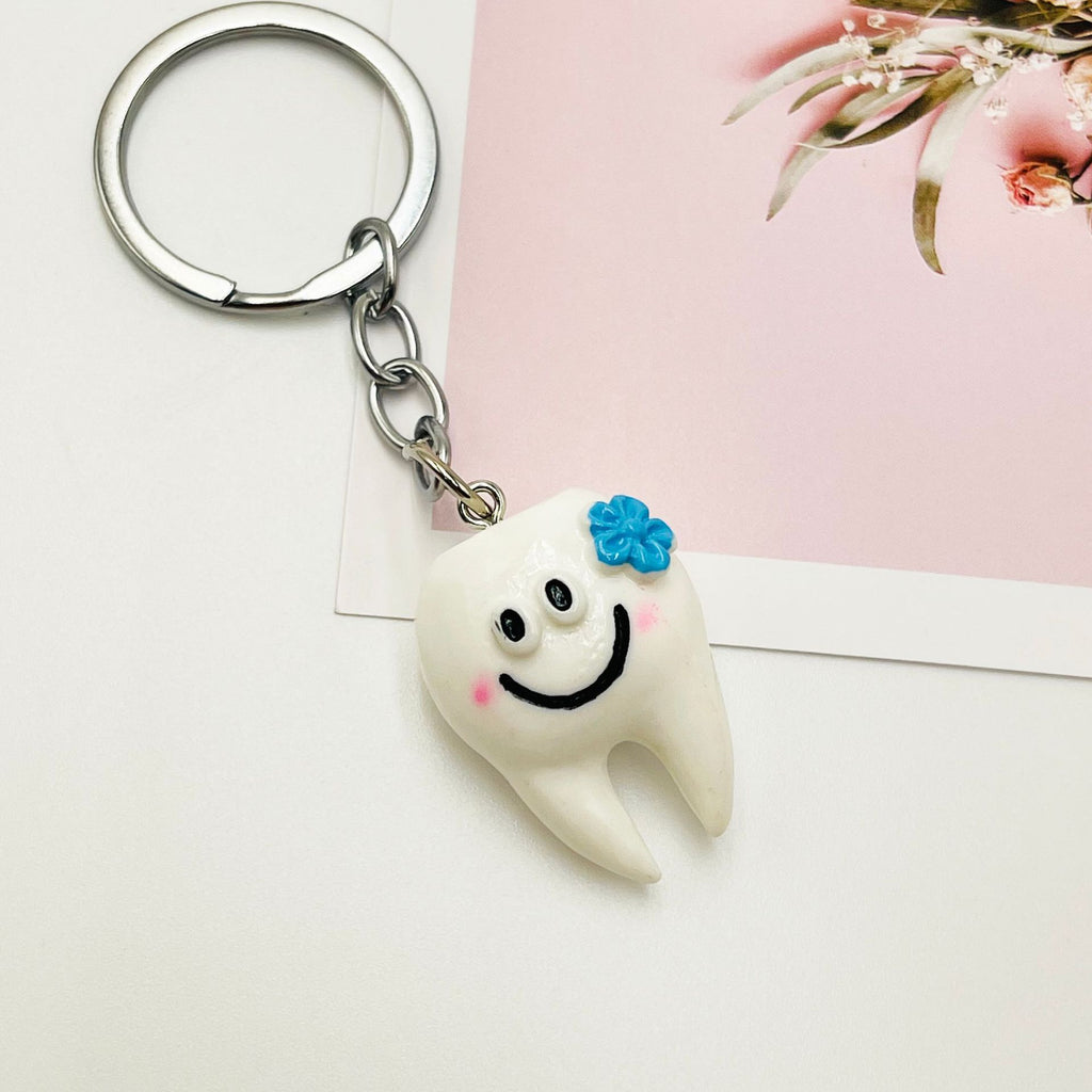 Resin Teeth Keychain Smiling White Tooth with Colorful Flower Charm 3