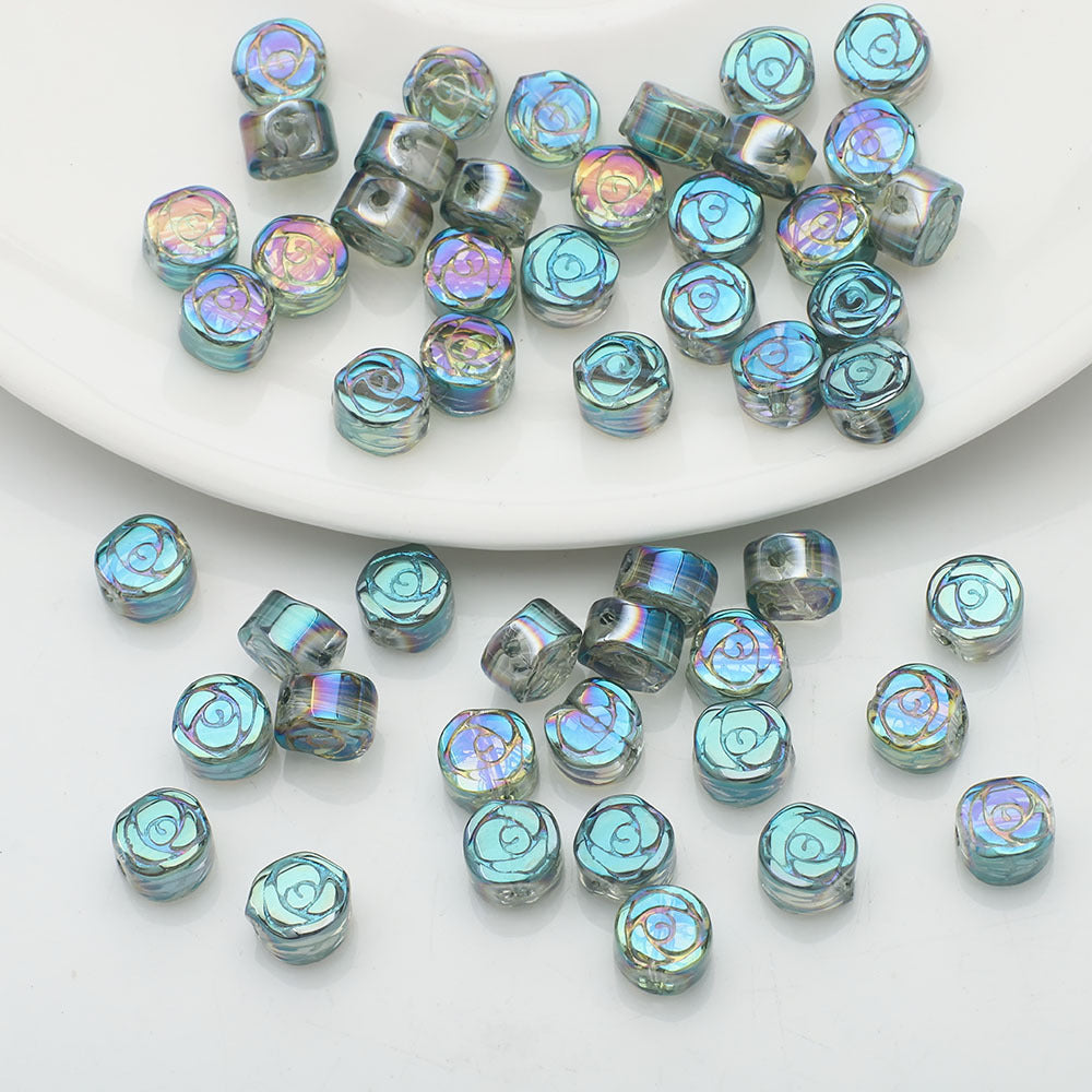 Flat Rose Glass Beads 6mm Iridescent Plating Floral Cube 50pcs 14