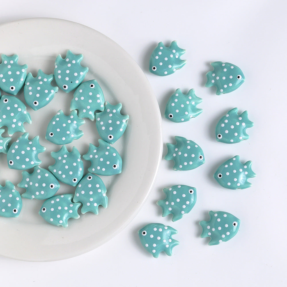 Polka Dotted Fish Ceramic Beads 21mm Colorful Glazed 5pcs 4