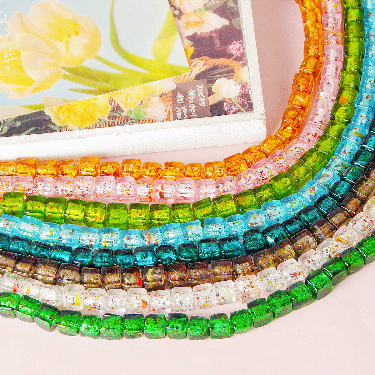 Lampwork Glass Beads Cube 10mm Blooming Colors Glossy 10pcs 2