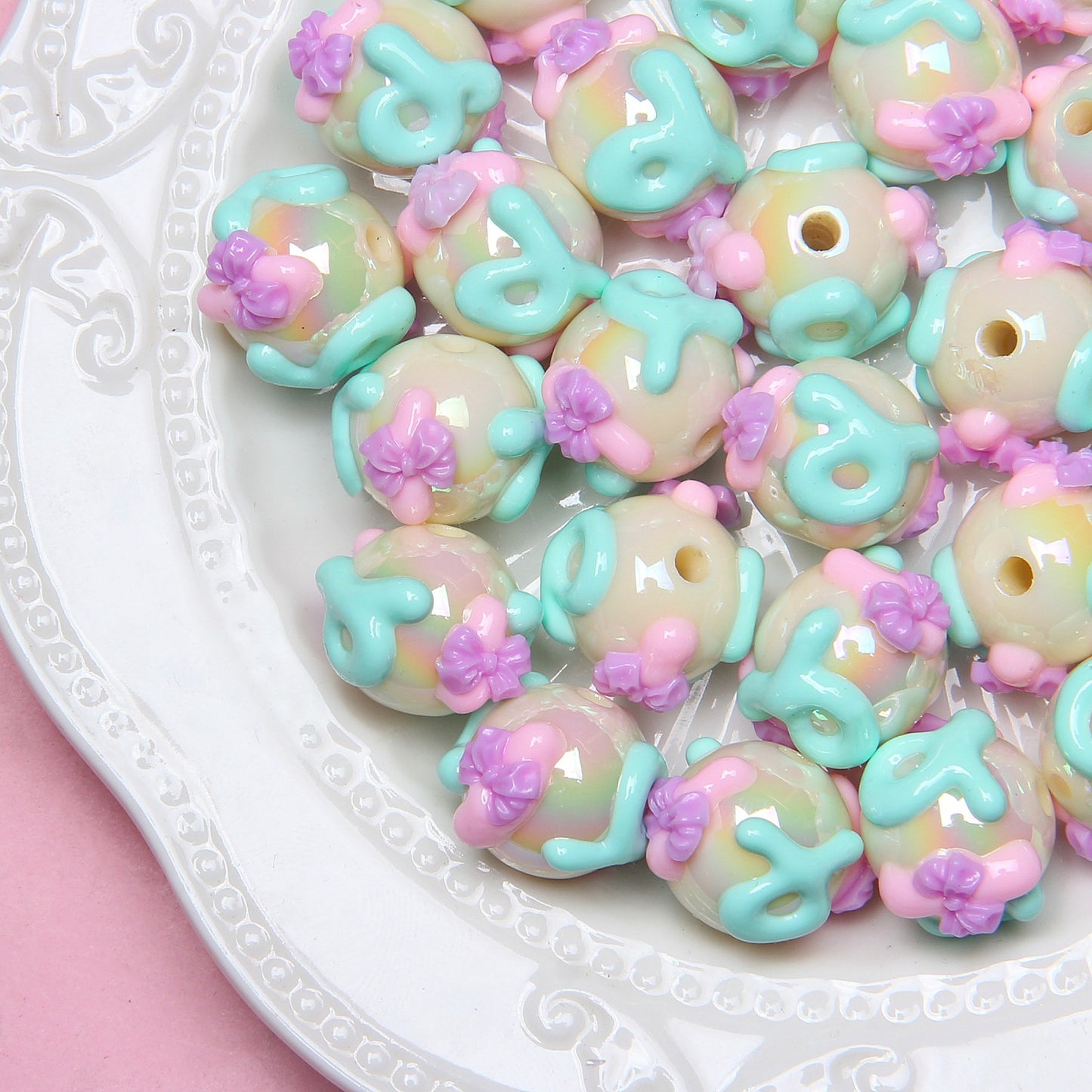 Painted Flower Acrylic Beads 16mm Round 14x18mm Square Purple Hand Painted 1pc 7