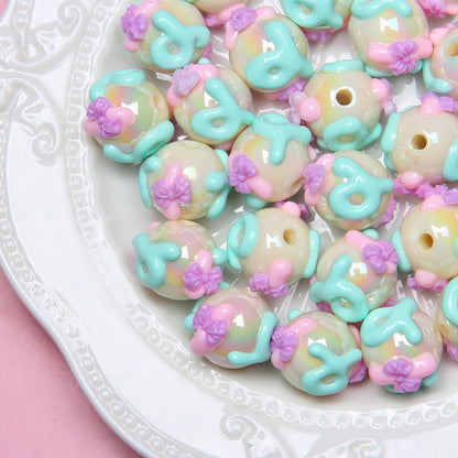 Painted Flower Acrylic Beads 16mm Round 14x18mm Square Purple Hand Painted 1pc 7