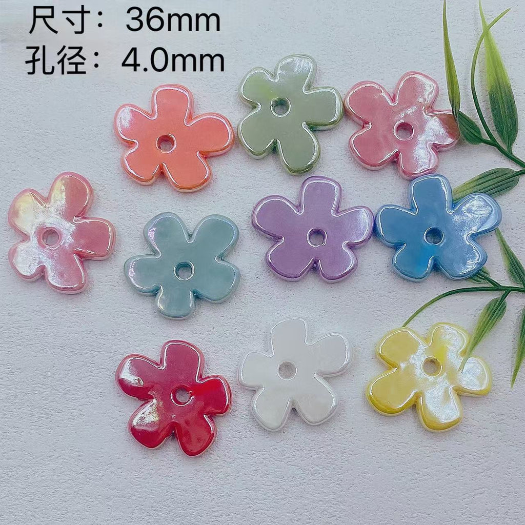 Flat Five-petal Flower Ceramic Beads 36mm Colorful Glazed 10pcs 2