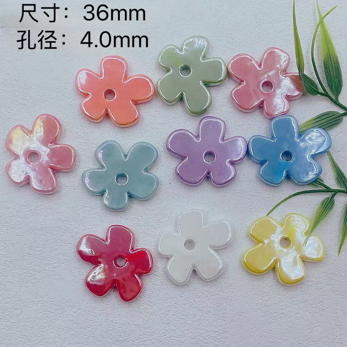 Flat Five-petal Flower Ceramic Beads 36mm Colorful Glazed 10pcs 2
