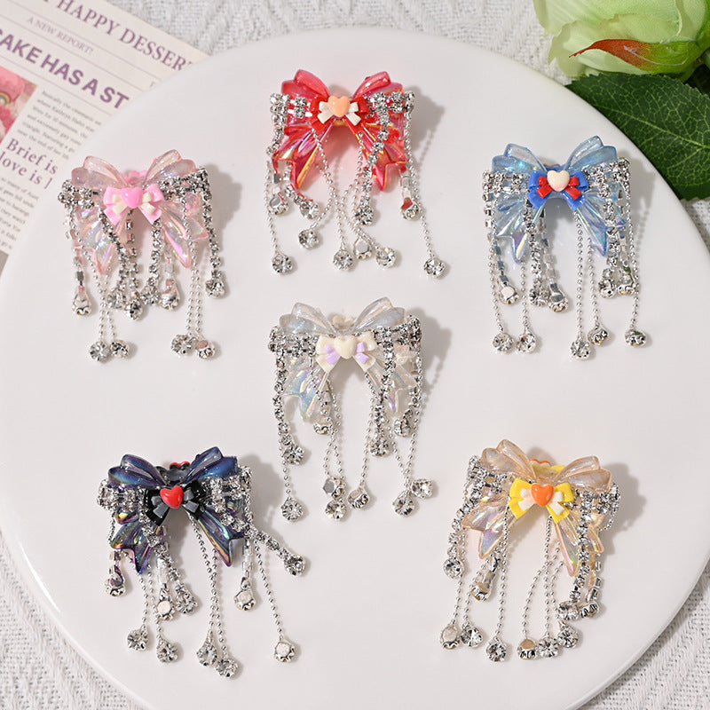 Fancy Tassel Heart Bow Acrylic Beads 58mm Rhinestone 5pcs 6