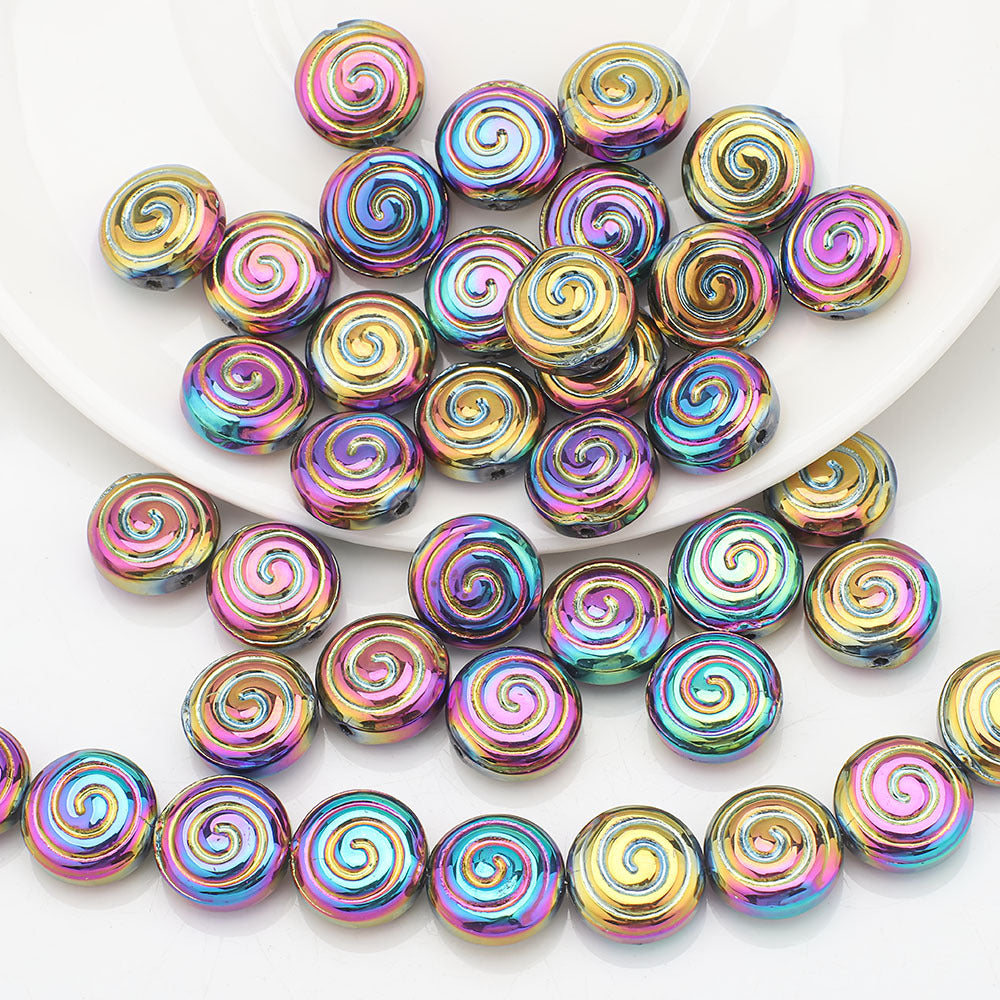 Electroplated Flat Spiral Glass Beads 12mm Metallic Iridescent 30pcs 11
