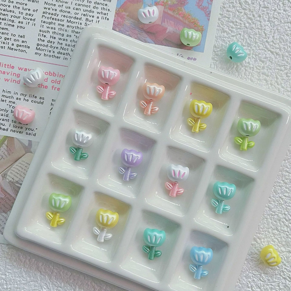 Tulip Metal Beads 3D Painted Pastel Colors 10pcs 2