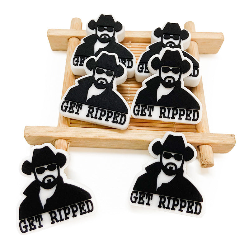 Silicone Focal Beads Man Wearing Hat and Sunglasses GET RIPPED 20pcs 2