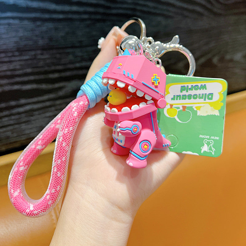 Soft Rubber Dinosaur Keychain with Open Jaw and Yellow Duck Charm 6