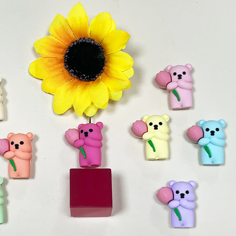Silicone 3D Focal Beads Teddy Bear Holding Rose 20pcs 4