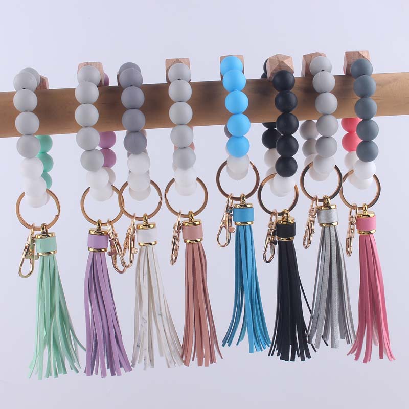 Octagonal Silicone Bead Wristlet Keychain Matte Beech Wood Tassel 2