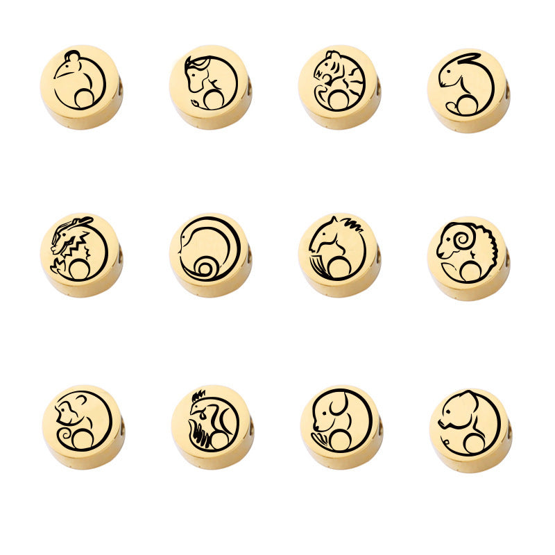 Stainless Steel Flat Metal Beads 8mm Laser Etched Chinese Zodiac 5pcs