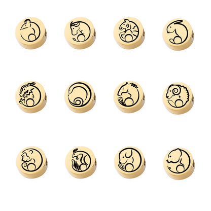 Stainless Steel Flat Metal Beads 8mm Laser Etched Chinese Zodiac 5pcs
