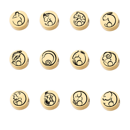 Stainless Steel Flat Metal Beads 8mm Laser Etched Chinese Zodiac 5pcs