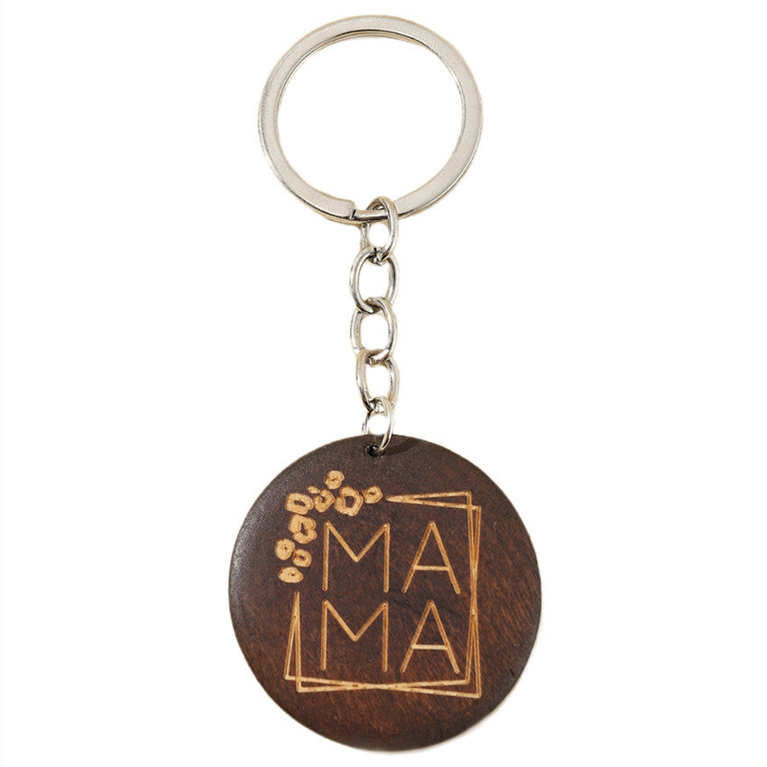 Wooden Round Floral Engraved MAMA Keychain Coffee Brown 8