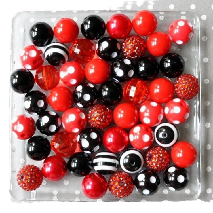 Bubblegum Beads 20mm Bright Red Black Polka Dot Striped Chunky Mix 50pcs 2