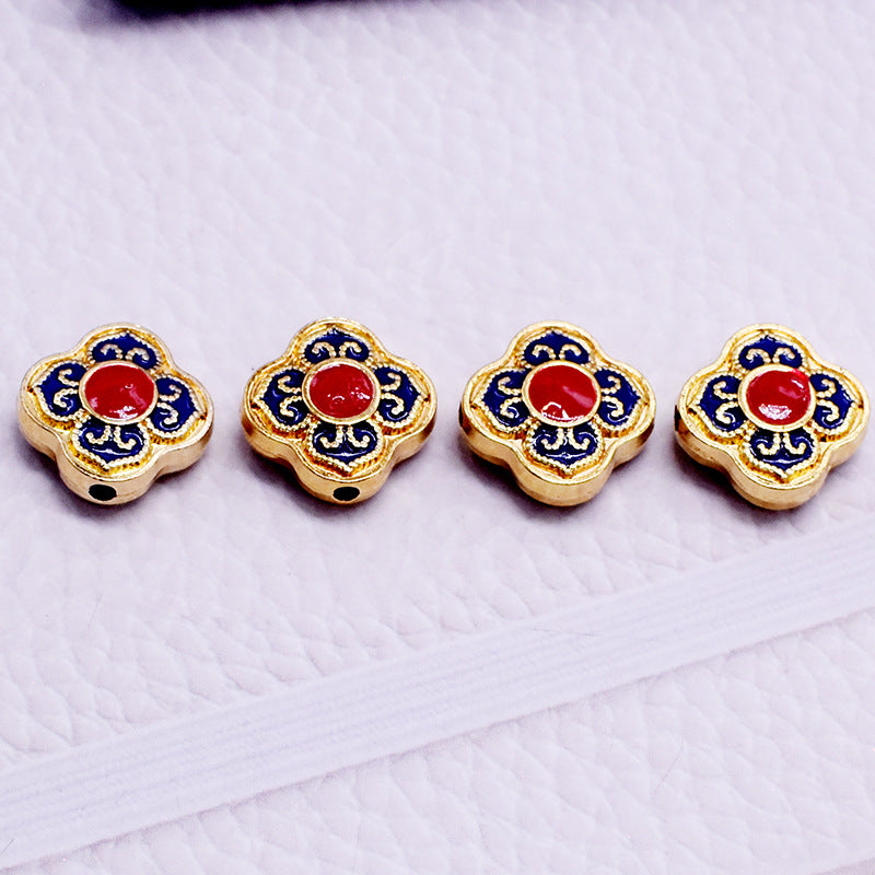Cloisonne Clover Metal Beads 14mm Golden Blue Red 10pcs