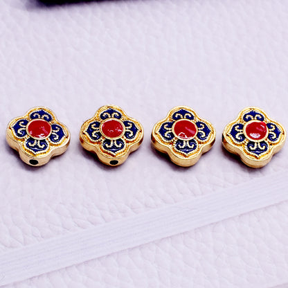 Cloisonne Clover Metal Beads 14mm Golden Blue Red 10pcs