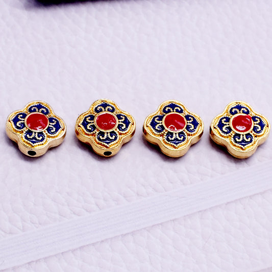 Cloisonne Clover Metal Beads 14mm Golden Blue Red 10pcs