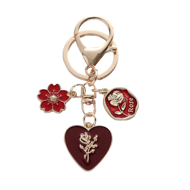 Pearl Rose Heart Flower Alloy Keychain Gold Tone Romantic Charm 5