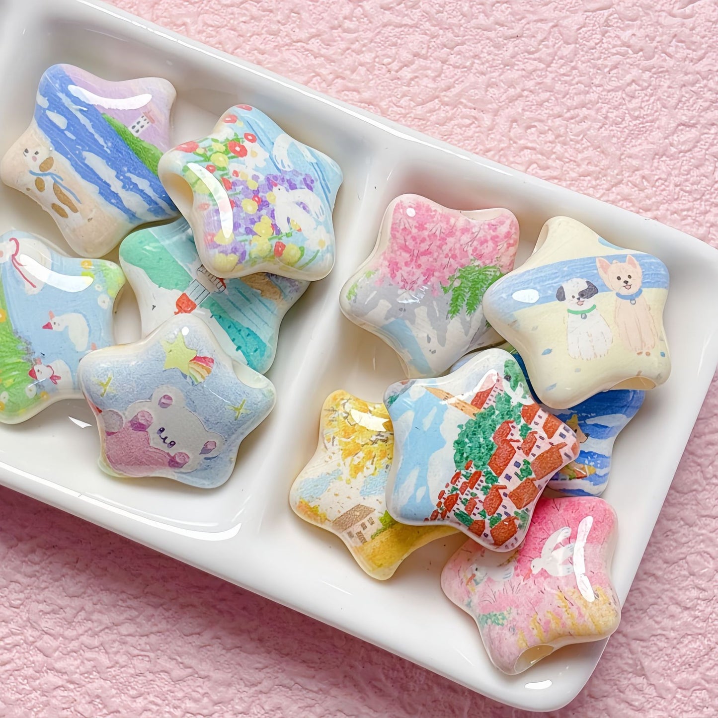 Star Shaped Acrylic Beads 25mm Fairy Tale Pattern Printed 10pcs 14