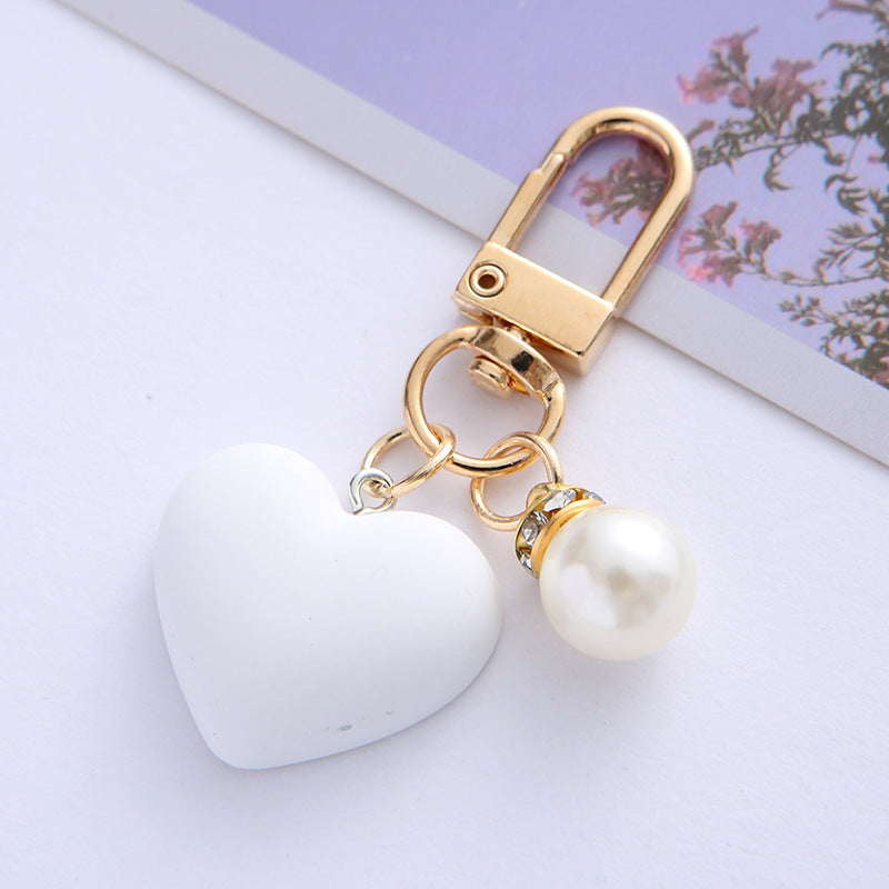 Matte Heart Keychain with Pearl Accent Black White Resin Gold Tone 4