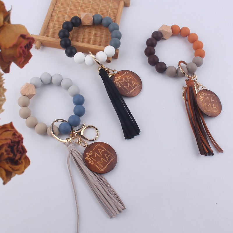 Silicone Bead Wristlet Keychain with Wood Tag and Leather Tassel MAMA 2