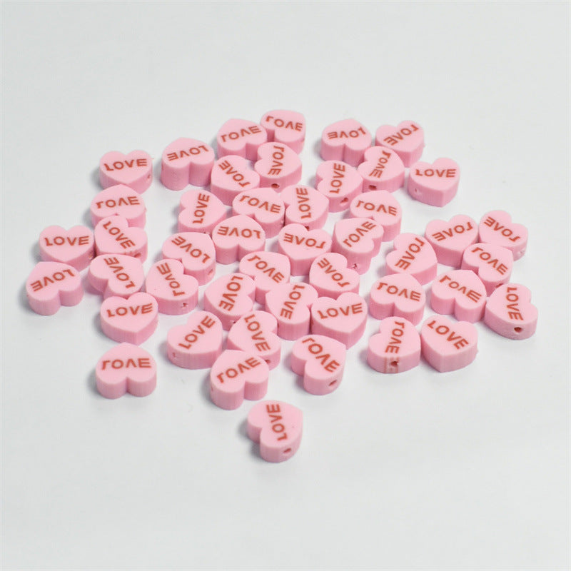 Heart Clay Beads 10mm Pink LOVE Letters Polymer 100pcs