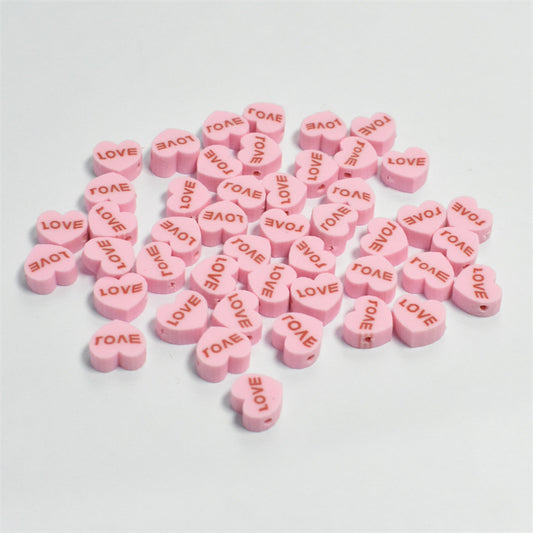 Heart Clay Beads 10mm Pink LOVE Letters Polymer 100pcs