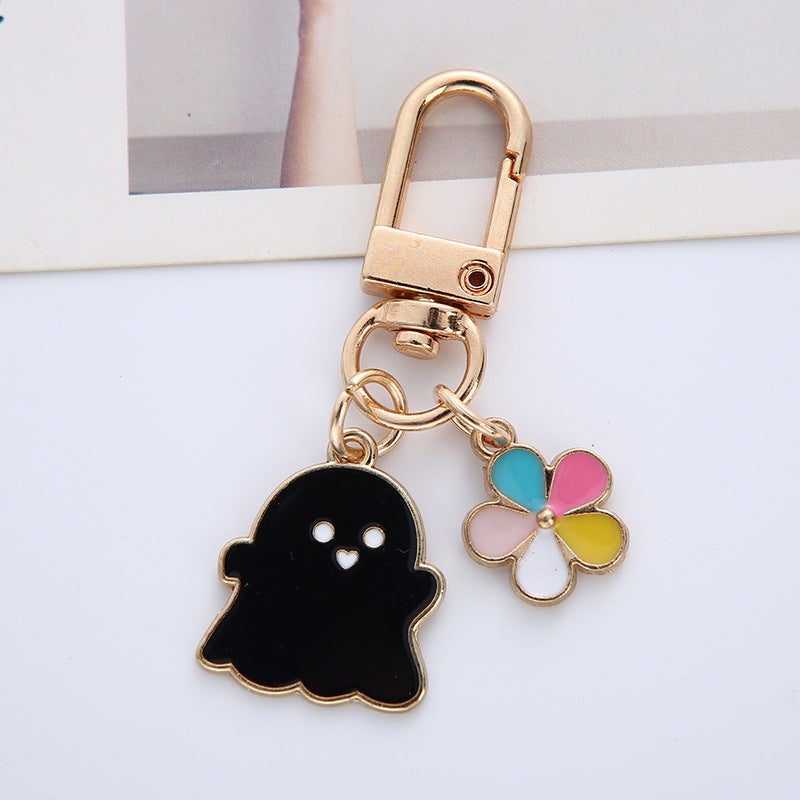 Enamel Pastel Ghost Halloween Keychain with Flower Charm Zinc Alloy 6