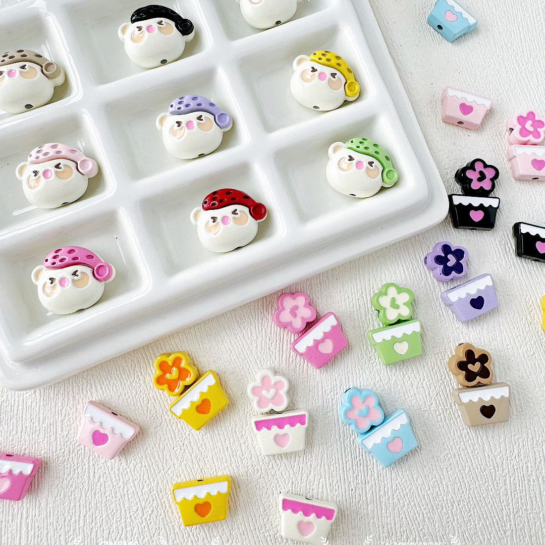 Baking Painted Teddy Bear and Flowerpot Metal Beads 15mm 10pcs 3