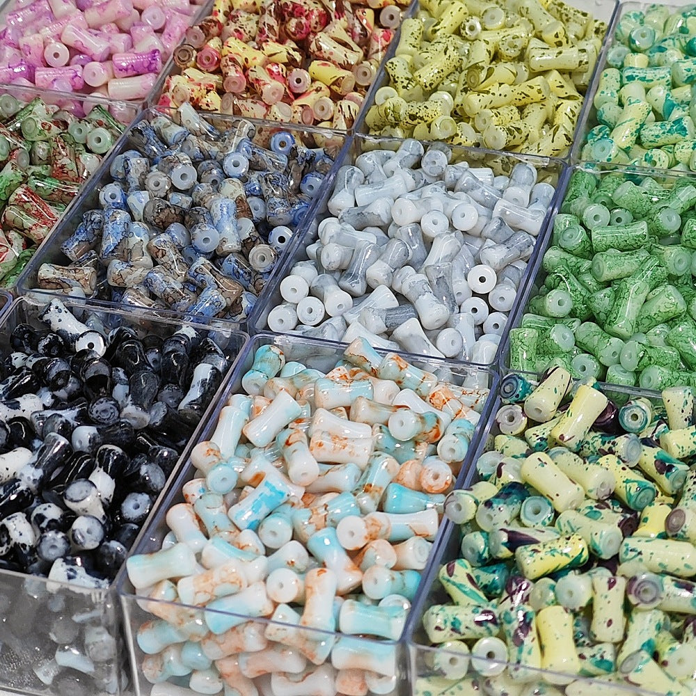 Painted Bamboo Tube Glass Beads 6X12mm Marbled Earth Tone 50pcs 4