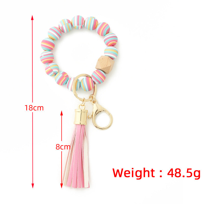 Silicone Bead Bracelet Wrist Keychain Marbled Beech Wood Tassel 3
