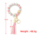 Silicone Bead Bracelet Wrist Keychain Marbled Beech Wood Tassel 3