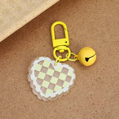 Acrylic Heart Keychain Vibrant Love Grid Checkerboard with Bell Charm 10