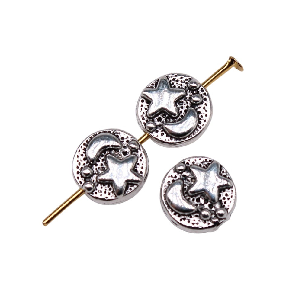 Convex Star and Moon Metal Beads 9mm Textured Silver Tone 40pcs 3