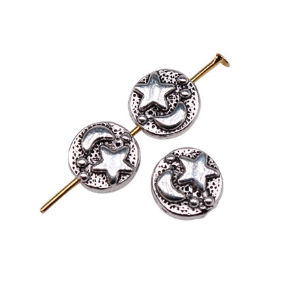 Convex Star and Moon Metal Beads 9mm Textured Silver Tone 40pcs 3