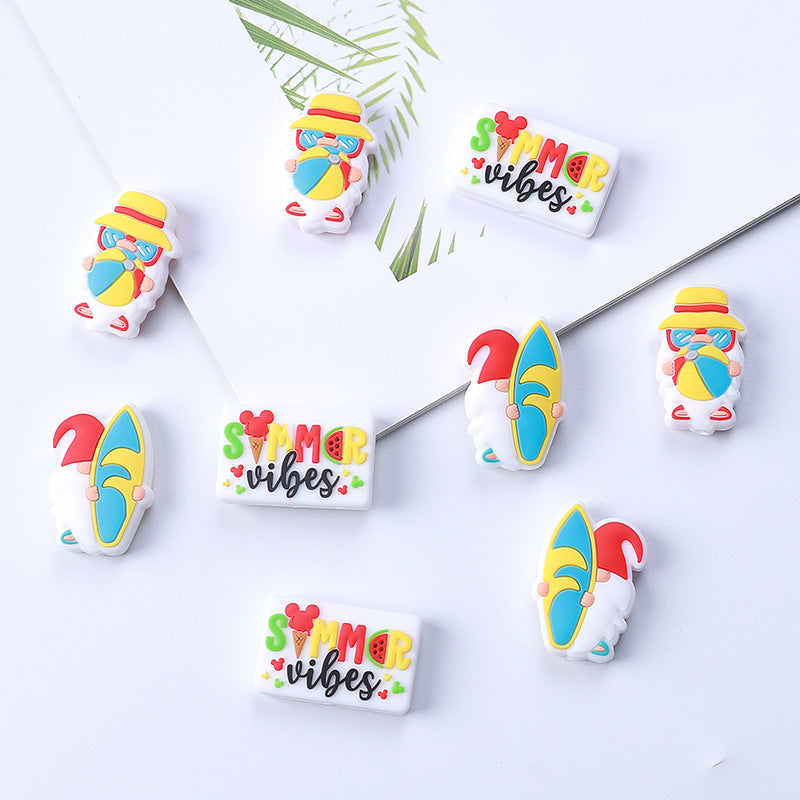 Silicone Focal Beads Summer Gnome Holding Beach Ball and Surfboard 20pcs 2