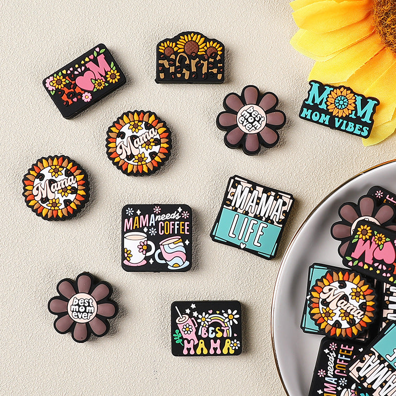 Silicone Focal Beads Mom Alphabet Cheerful Sunflower Black Background 20pcs