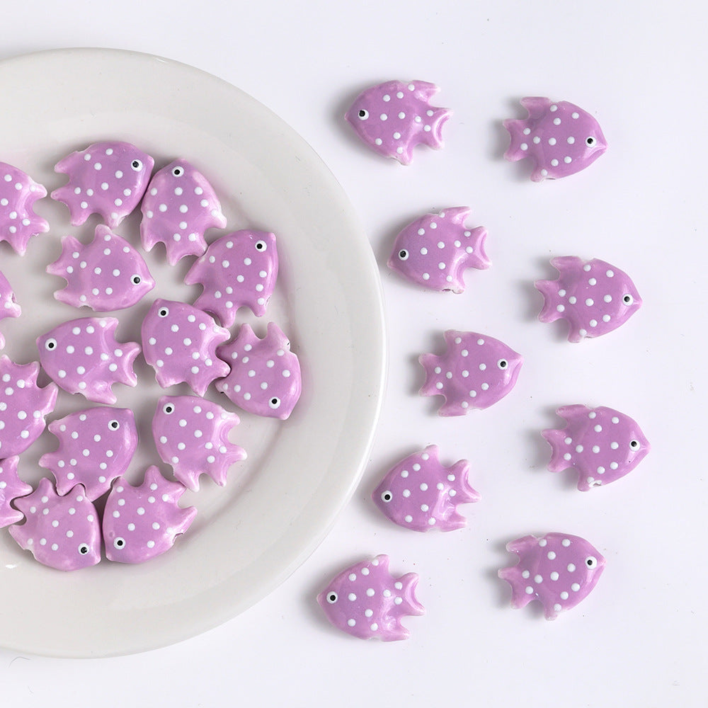Polka Dotted Fish Ceramic Beads 21mm Colorful Glazed 5pcs 7