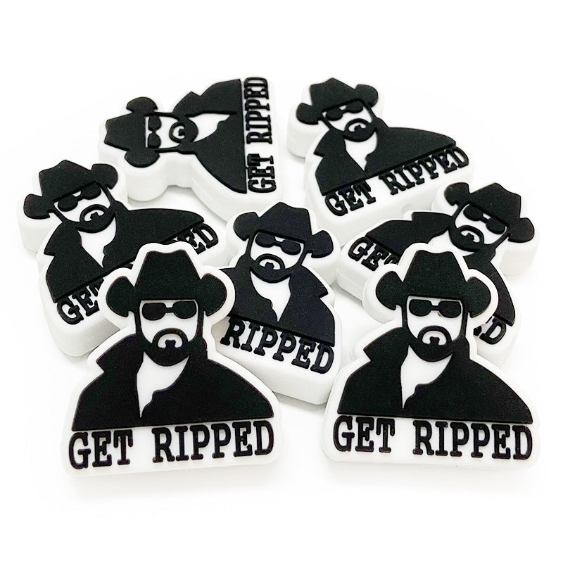 Silicone Focal Beads Man Wearing Hat and Sunglasses GET RIPPED 20pcs 3
