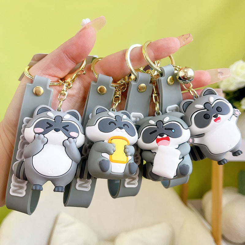 PVC Cute Raccoon Keychain Gray Soft Tone With Jingle Bell 2