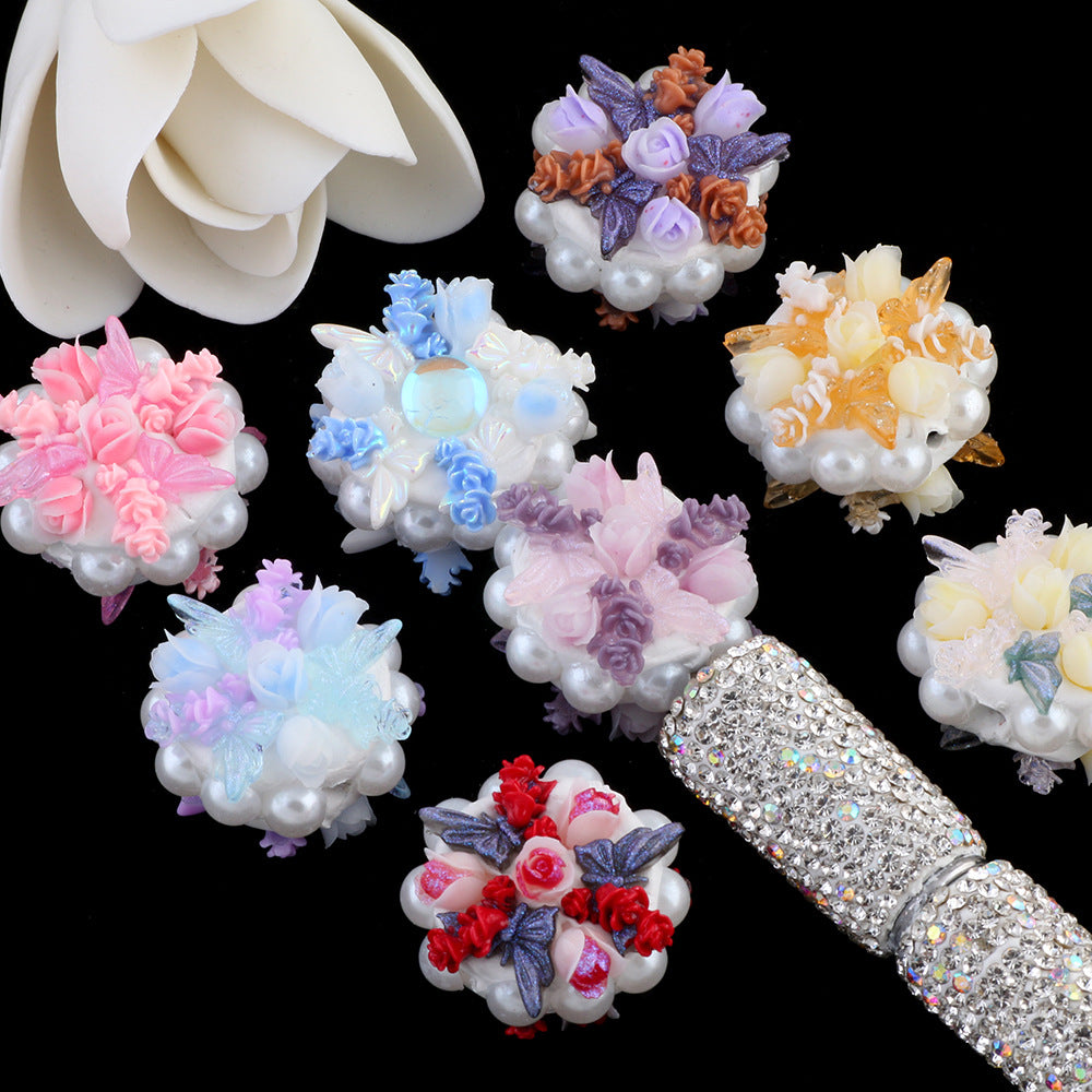 Bouquet Clay Beads 25mm Pearl Wrapped Floral Design 2pcs