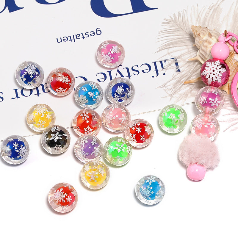Christmas Transparent Snowflake Printing Acrylic Beads 16mm 50pcs