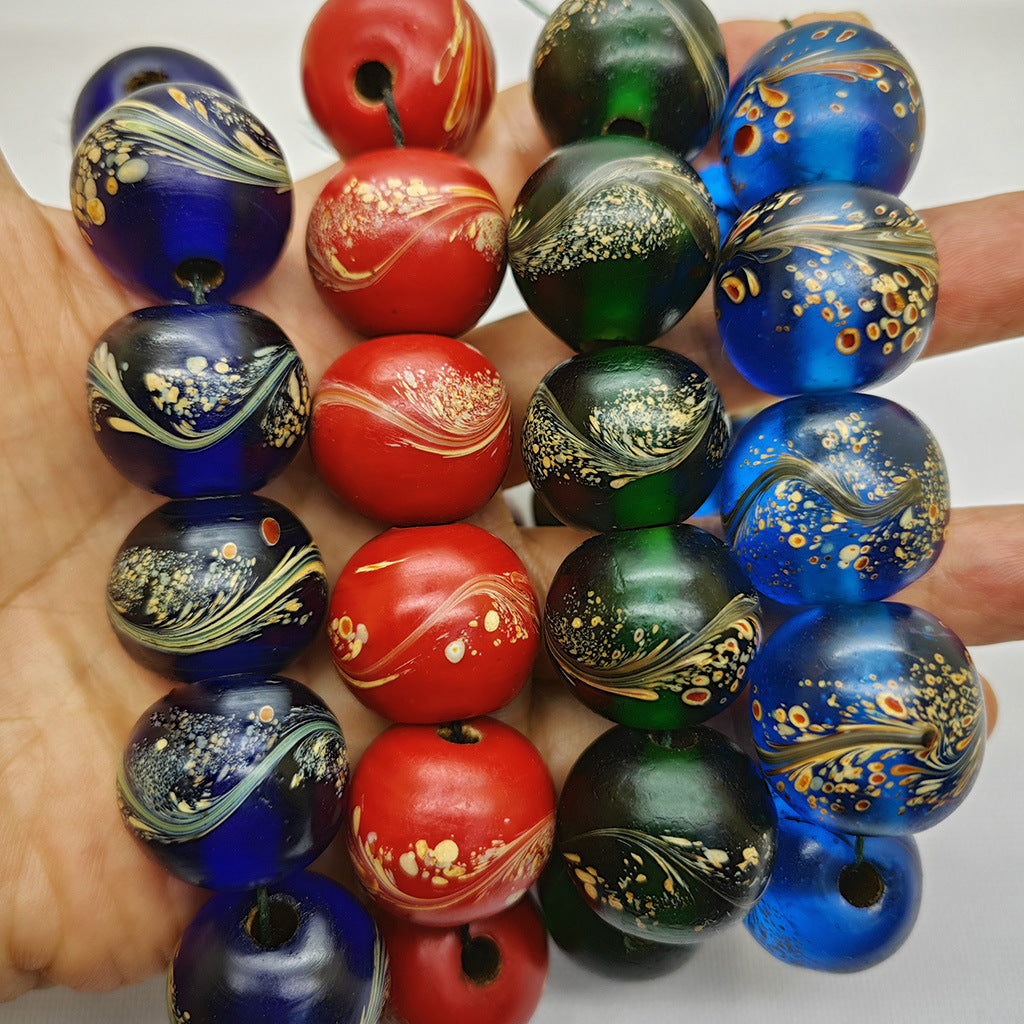 Lampwork Glass Beads Round 20mm Ancient Jade Color Phoenix Tail 5pcs