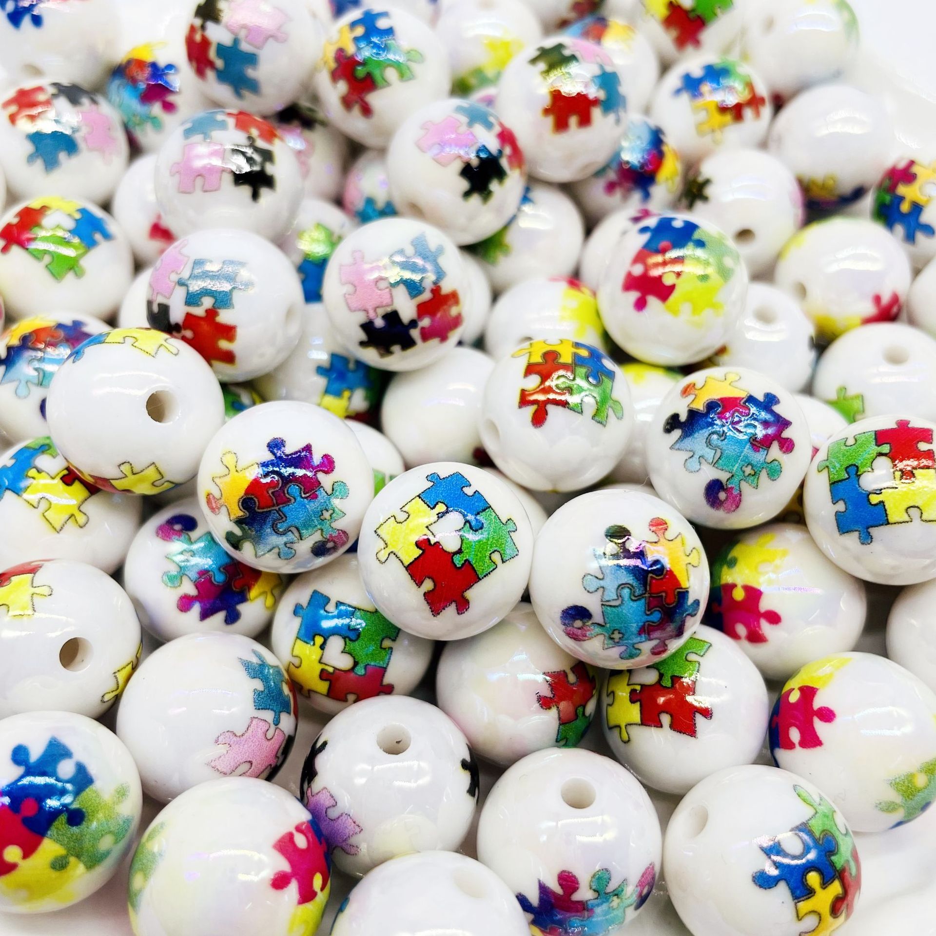 Plating Round Acrylic Beads 16mm Colorful Jigsaw Puzzle Pattern 50pcs 2
