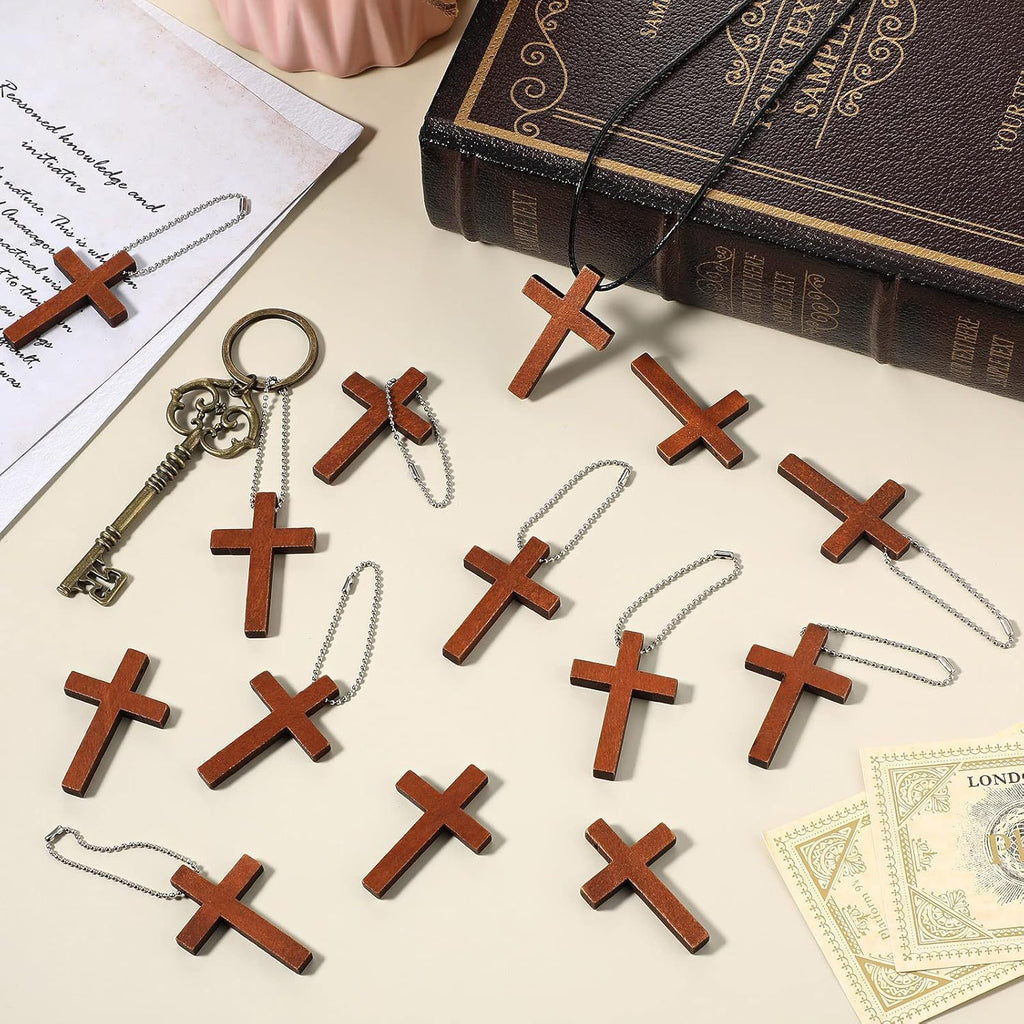 Antique Wooden Cross Keychain Dark Brown Vintage 44mm 20pcs 3